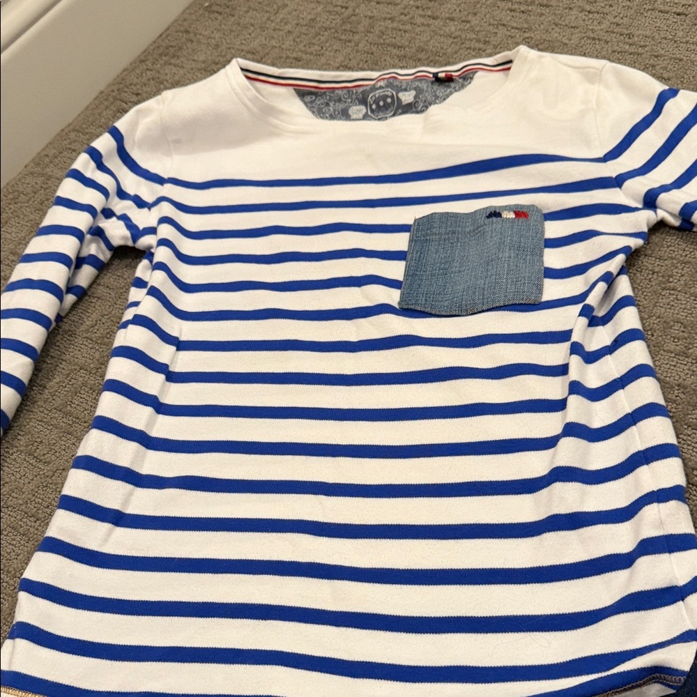 Women's Blue and White Striped Long Sleeve Top with Denim Pocket